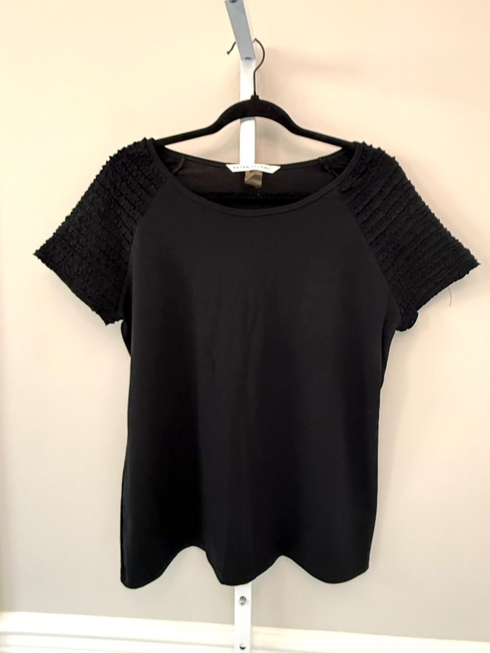 Peter Nygard Black Textured Sleeve Top Size L Short Sleeve Stretch Blouse